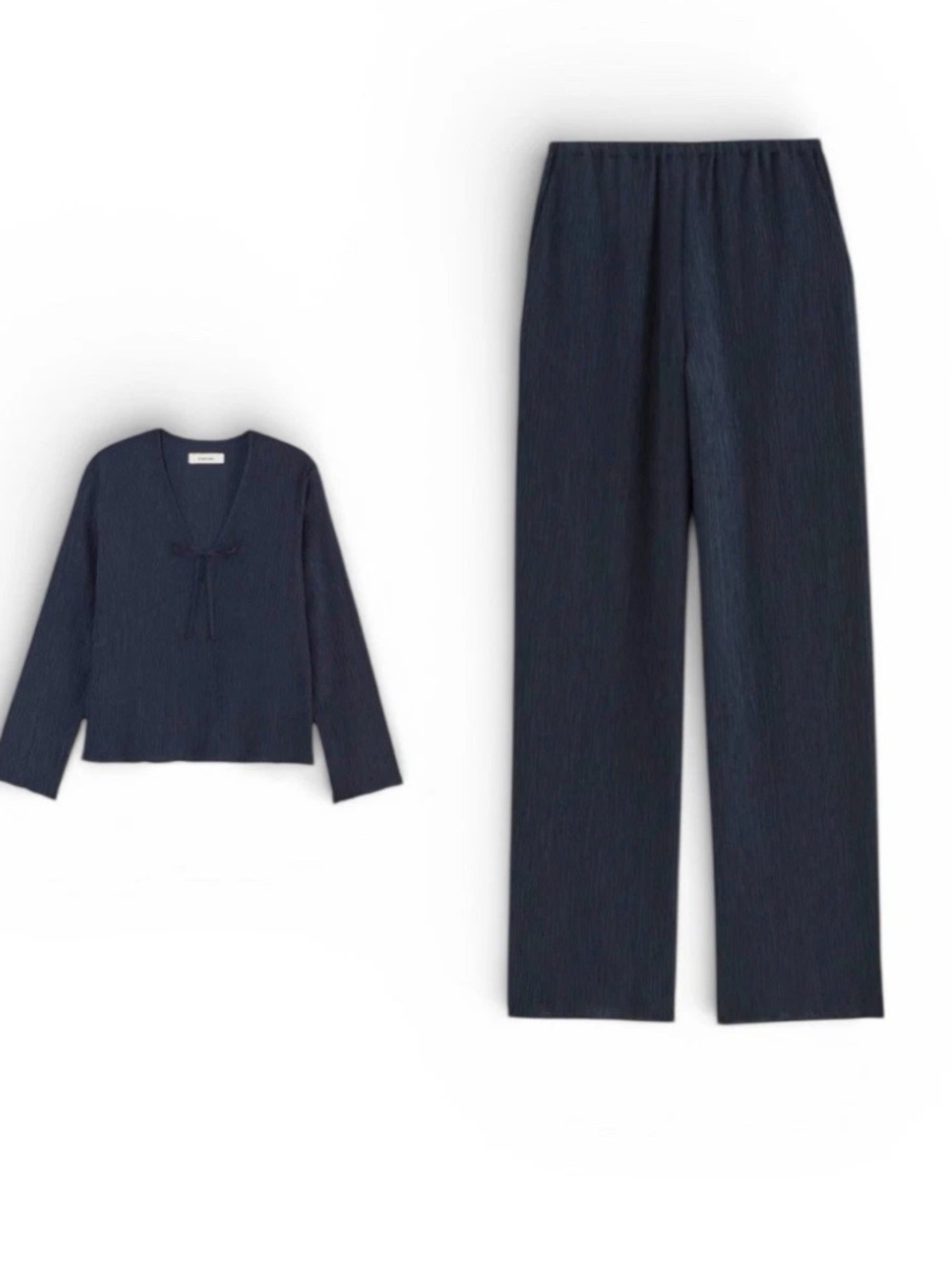 Everlane Crinkle Long Sleeve Top and Pants Set In Navy Size Large